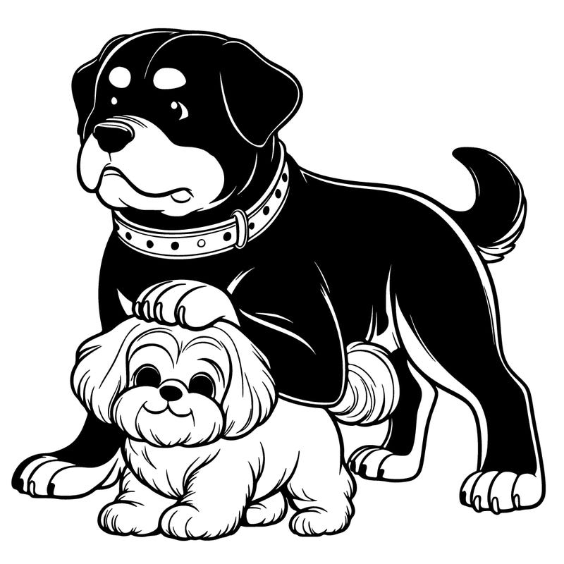 a large rottweiler dog protecting a short fluffy maltese dog