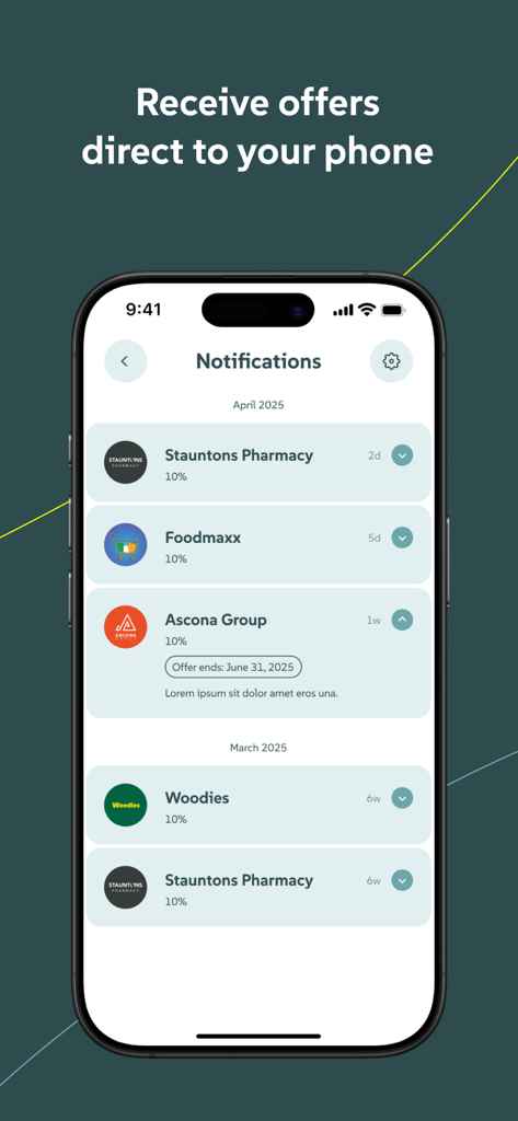 Lynked Loyalty - Mobile screen showing a list of notifications and special offers from local businesses in the Lynked Loyalty app.