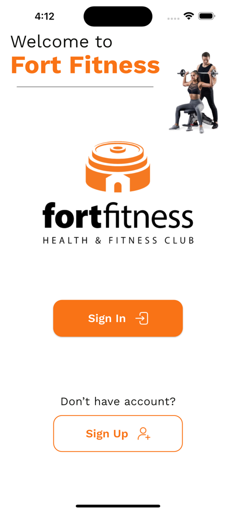 Pantalla de bienvenida de la aplicación Fort Fitness Gym mostrando botones de inicio de sesión y registro