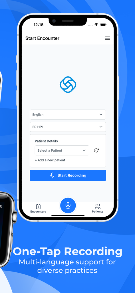 ScribeMD - AI Medical Scribe - Interfaz de la aplicación móvil ScribeMD que muestra un botón de grabación de un toque y soporte multilingüe para documentación médica.