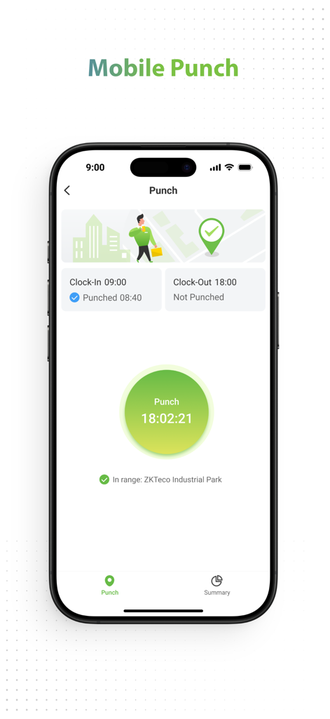 ZKBio Zlink - ZKBio Zlink app screen showing the mobile punch feature for clocking in and out with GPS location tracking.