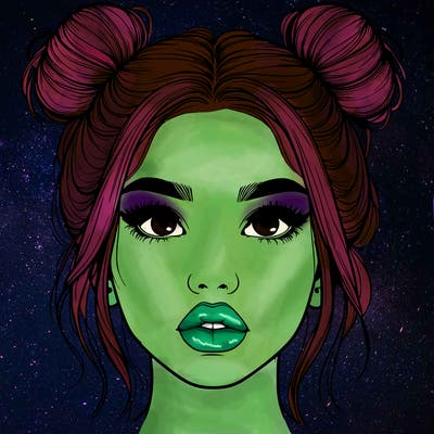 realistic girl with two buns on her hair and lips