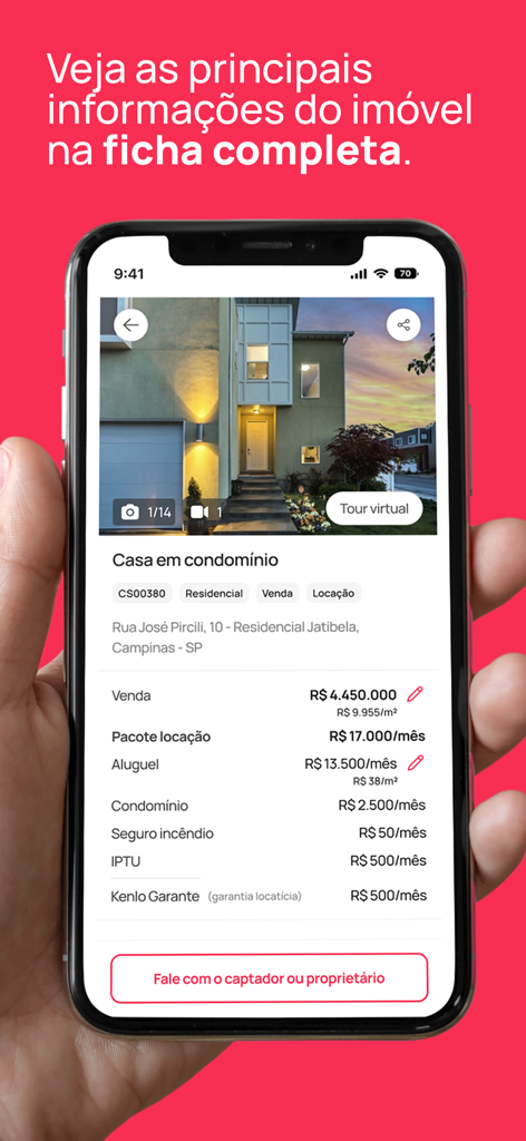 Kenlo Imob - Um smartphone exibindo o aplicativo Kenlo Imob com informações detalhadas sobre a listagem de imóveis, incluindo fotos e preços.