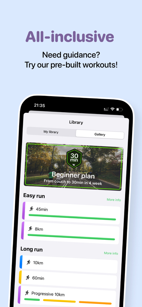 Galería de entrenamientos de la aplicación RunKit que presenta un plan para principiantes y varias sesiones de carrera