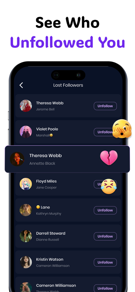Profile Tracker:Who Unfollowed - A mobile app interface showing a list of users who unfollowed you with profile pictures and names.