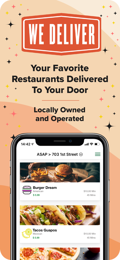 We Deliver! - We Deliver App-Oberfläche mit einer Liste lokaler Restaurants und Essenslieferoptionen.