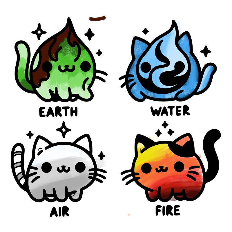 4 cats that represent the different elements, earth, water, air, and fire