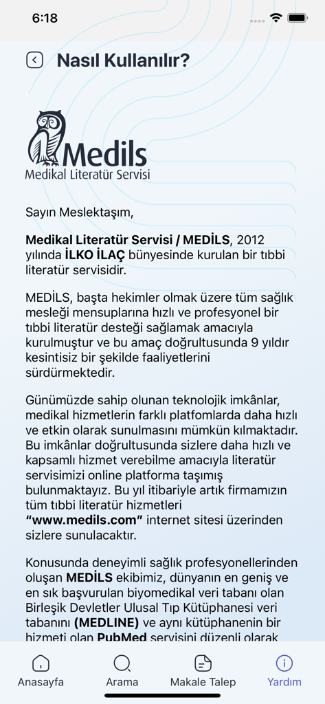 Medils - Medils mobile app information screen describing the professional medical literature service for healthcare providers.