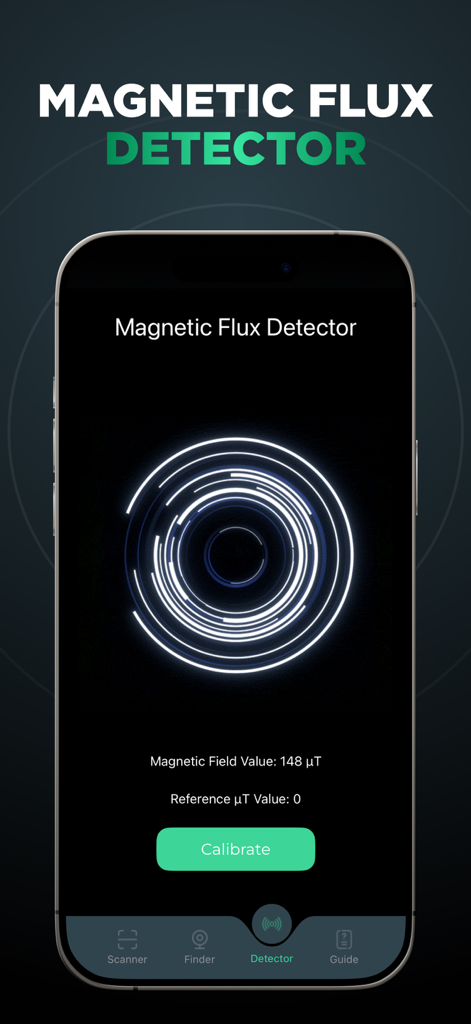 WiFi Analyzer: Device Finder - Pantalla de smartphone que muestra una herramienta de detector de flujo magnético para encontrar dispositivos ocultos