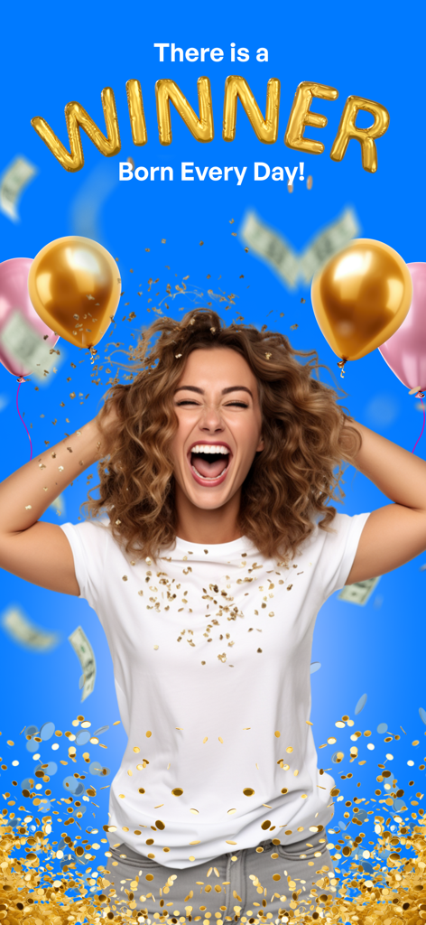 Scan Lottery Ticket Now - Une femme heureuse célébrant un gain à la loterie avec des ballons et de l'argent qui tombe