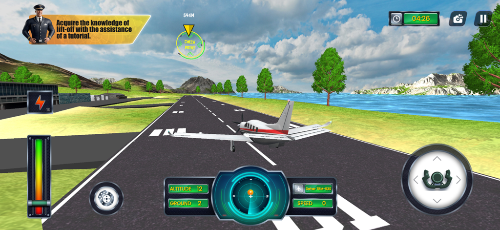 Real Flight Simulator - A Daher TBM-930 airplane on a runway during a takeoff tutorial in Real Flight Simulator 3D.