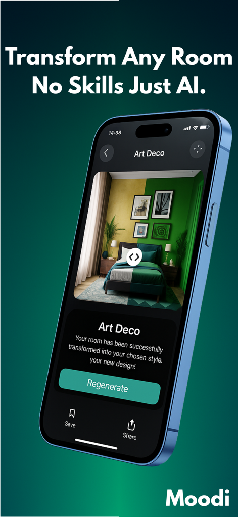 Room Planner Home Design Decor - Smartphone displaying the Moodi app with an AI-generated Art Deco style bedroom makeover.