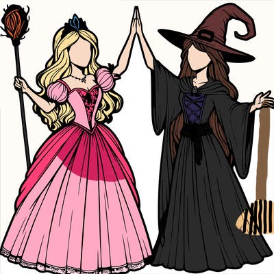 detailed realistic split of a princess and a witch