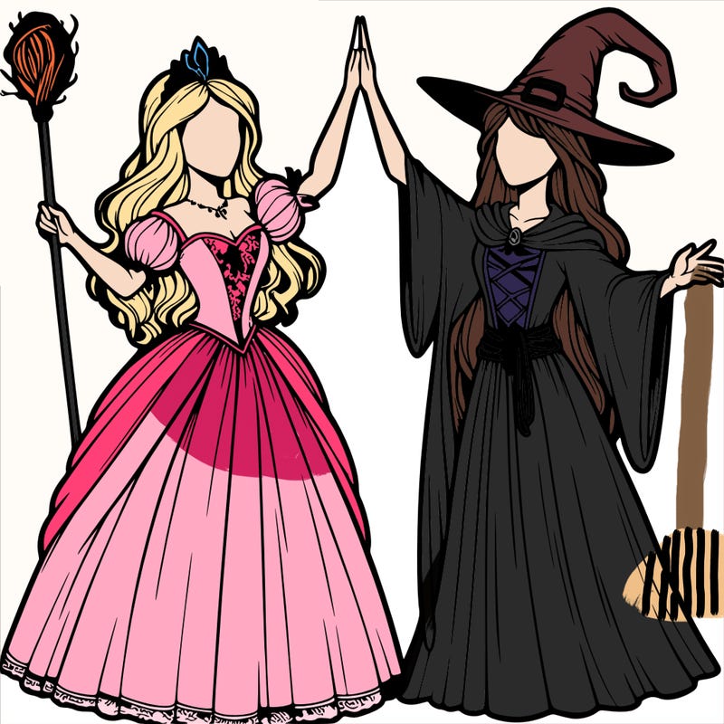 detailed realistic split of a princess and a witch
