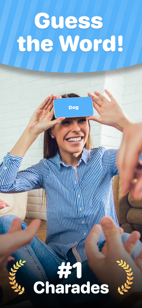 A woman playing the Headbands charades party game by guessing the word on her phone