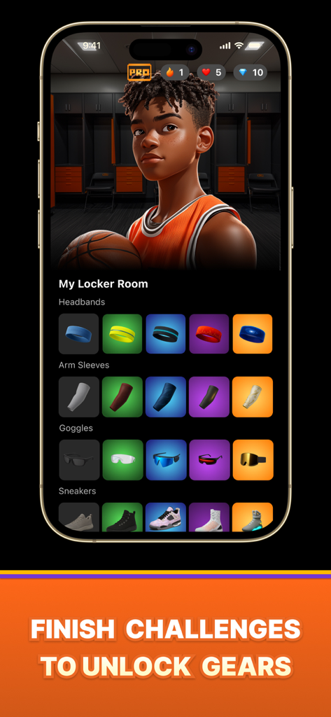 HooperIQ: Learn Basketball - HooperIQ locker room menu featuring unlockable basketball equipment and avatar customization