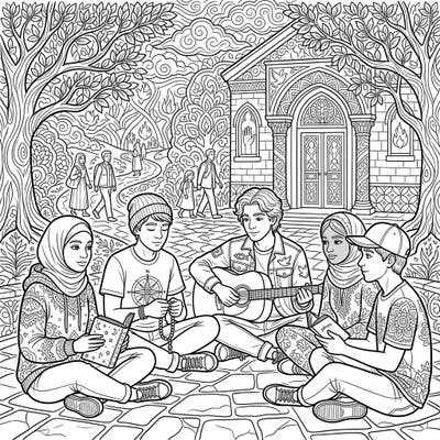 Celebrate faith and friendship with this beautifully detailed coloring page featuring a diverse group of teenagers engaged in a religious gathering. It's an inspiring scene perfect for young artists seeking meaningful creative expression.