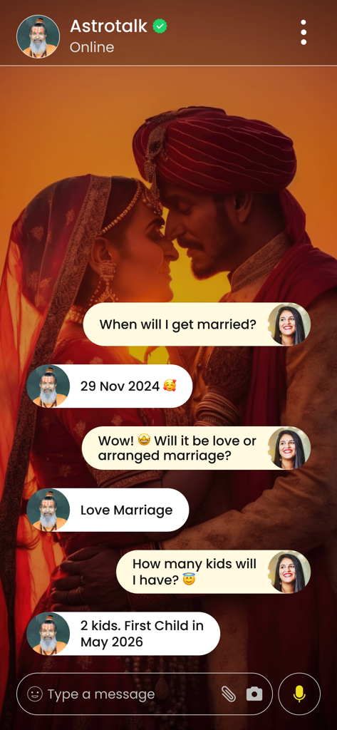 Astrotalk - Talk to Astrologer - Chat interface in the Astrotalk app showing an astrologer providing predictions about marriage and family.