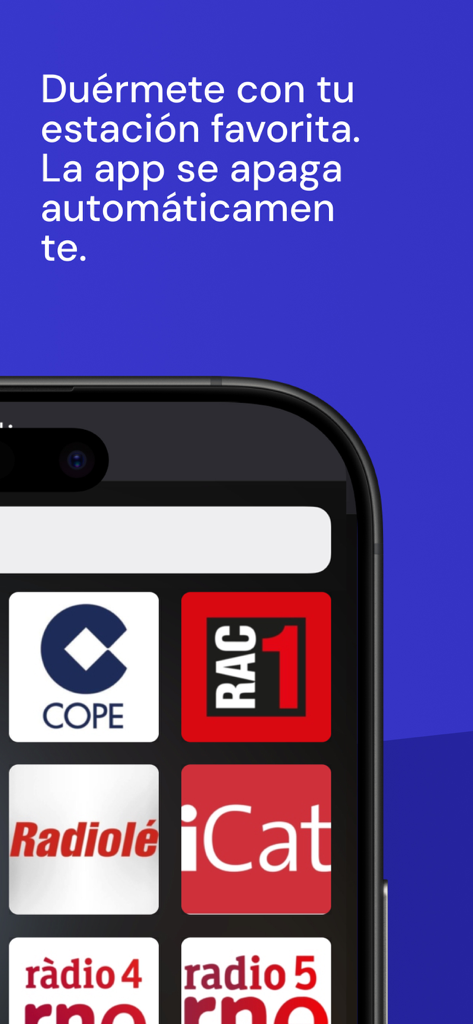 Radio FM app interface displaying popular Spanish radio station logos and a sleep timer feature