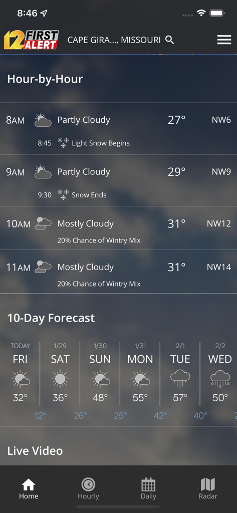 Screenshot of the KFVS12 StormTeam Weather app showing the hourly and 10 day weather forecast for Cape Girardeau Missouri