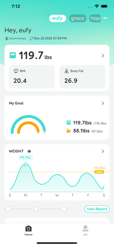 Eufy Life mobile app interface showing weight, BMI, body fat percentage and a health data trend graph