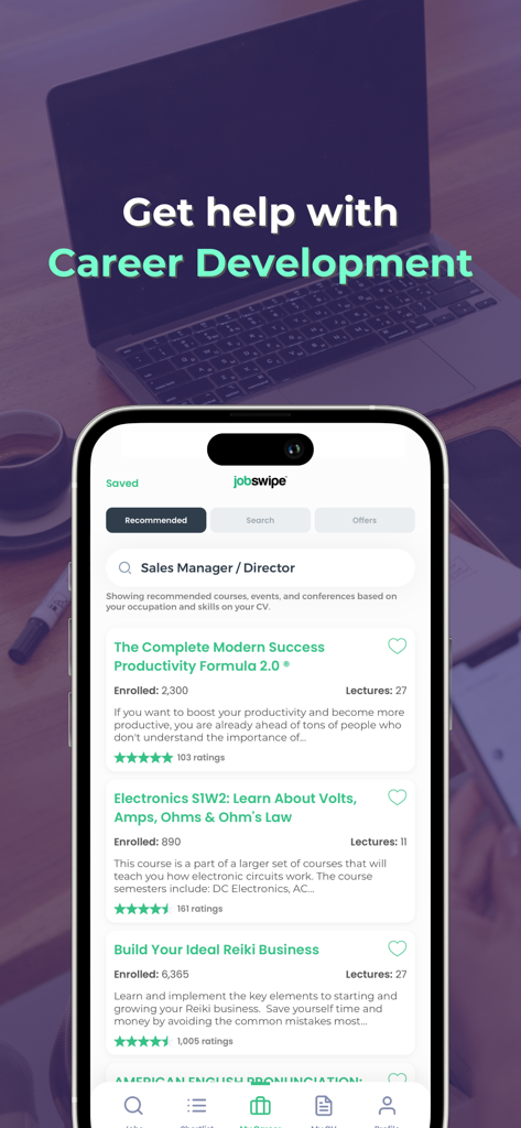 JobSwipe 앱 내의 경력 개발 과정 및 기술 훈련을 보여주는 스마트폰 화면