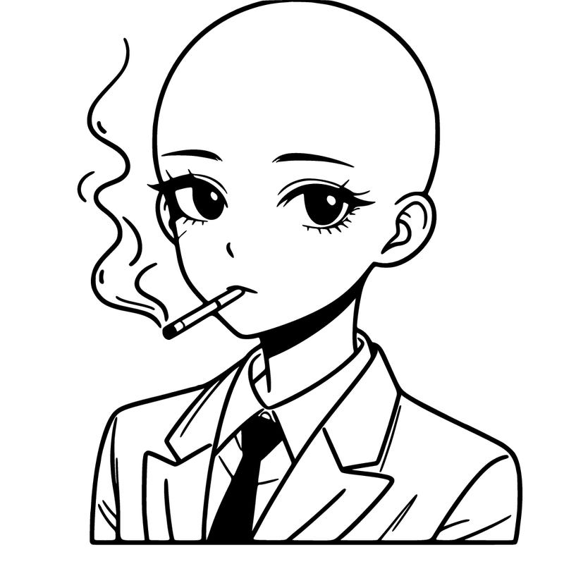 bald asian female who wears suits and smoking