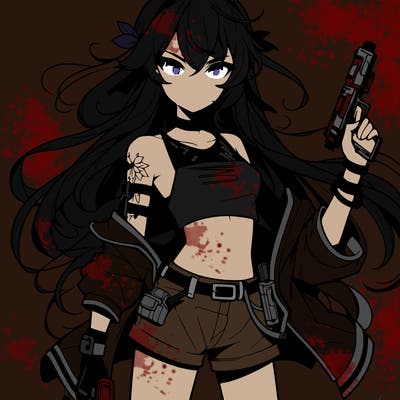 bad girl wearing crop top holding a gun long hair anime