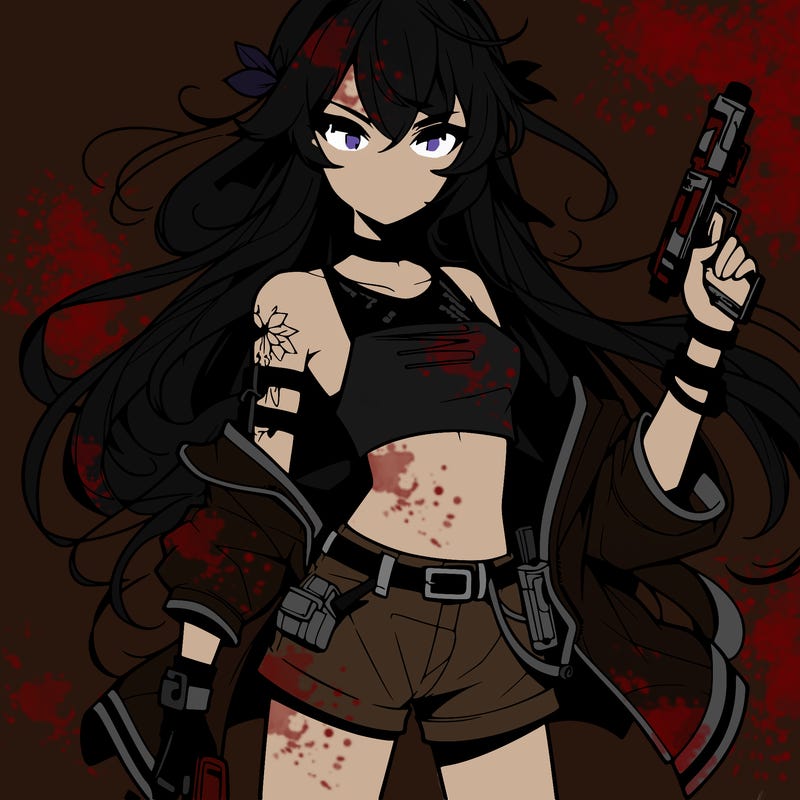bad girl wearing crop top holding a gun long hair anime