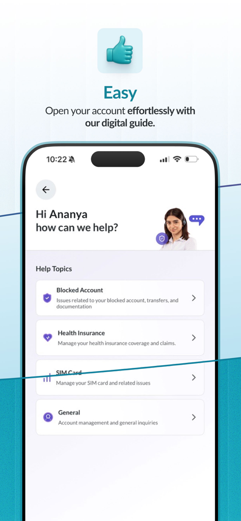 Fintiba - Your way to Germany - Fintiba mobile App-Hilfebildschirm mit Kategorien für Sperrkonto- und Krankenversicherungsunterstützung