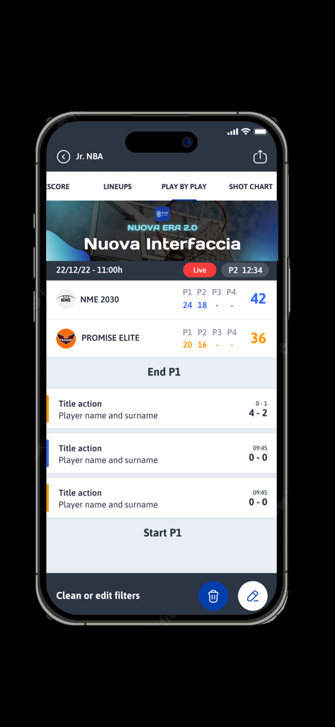 FIP Stats - Interfaccia dell'app FIP Stats che mostra aggiornamenti play-by-play in tempo reale e punteggi live per una partita di basket italiana