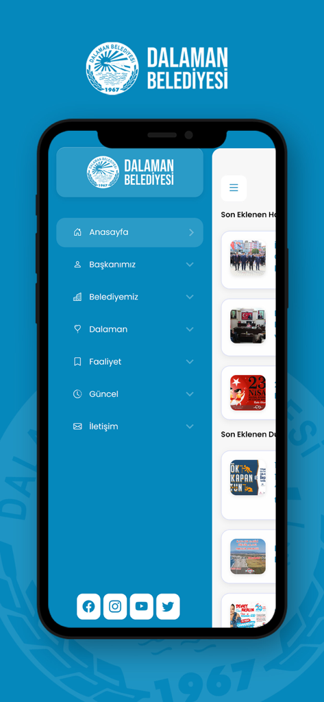 Dalaman Belediyesi - The side navigation menu of the Dalaman Municipality mobile application featuring sections for news, mayor information, and municipal services.