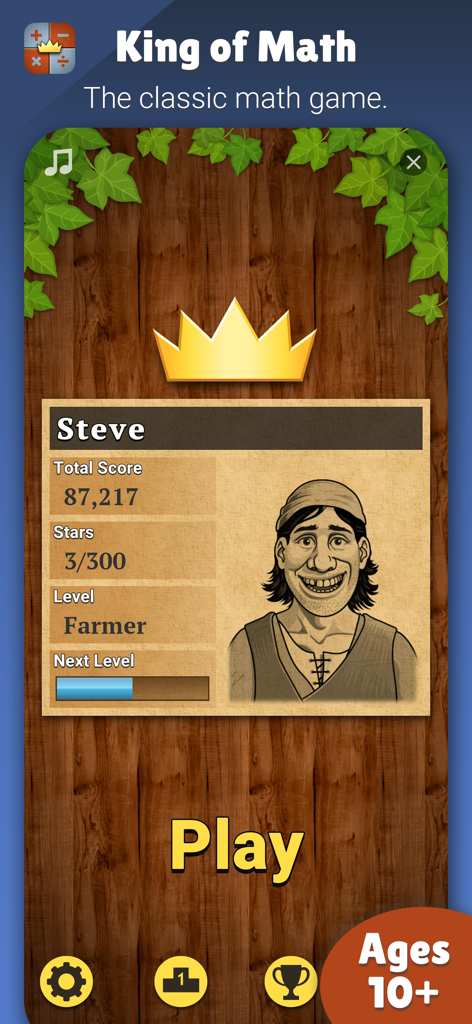 King of Math+ - User profile interface in King of Math showing the Farmer level and total score