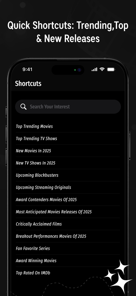 Movies Hub : Movies & TV Shows - A list of shortcuts in the Movies Hub app for trending and upcoming movies and TV shows