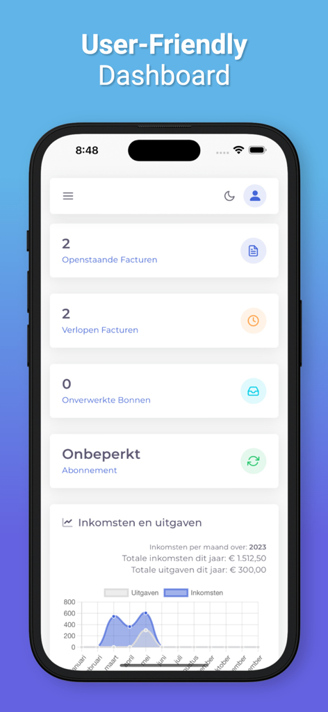 User friendly dashboard of the Factuur Simpel app showing financial overview and invoice status