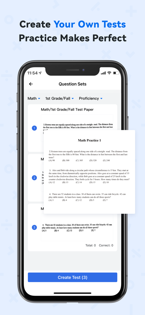 Quiz AI: AI Homework Helper - Interface of the Quiz AI app showing how to create personalized math practice tests from question sets
