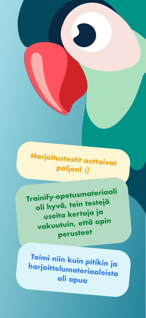 Trainify - Pantalla que muestra reseñas positivas de usuarios y una mascota de loro colorida para la aplicación Trainify.