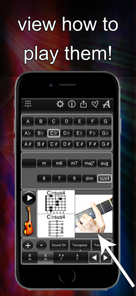 120 Guitar Chords - Interfaz de aplicación móvil que muestra diagramas de acordes de guitarra y una foto de una mano tocando un acorde en el mástil.