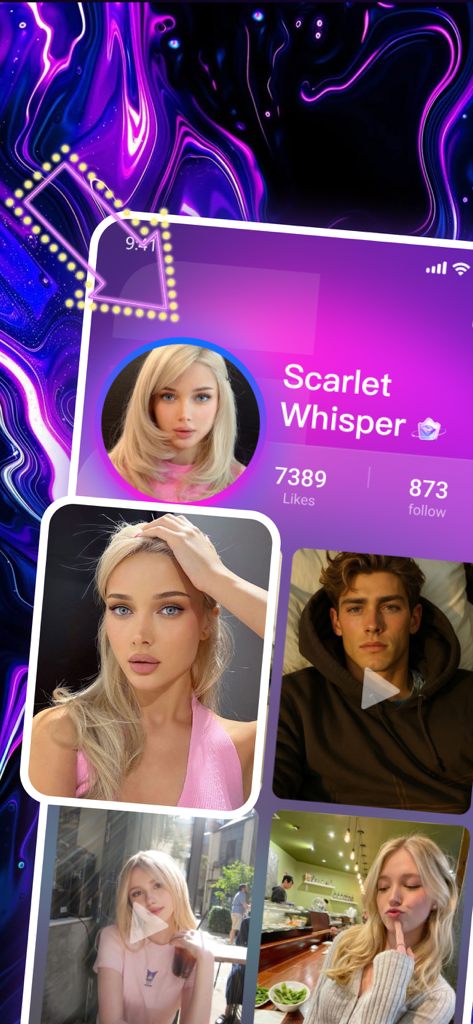 Hilo - Connect, Share, Enjoy - Hilo app user profile interface with neon cyberpunk background and photo feed