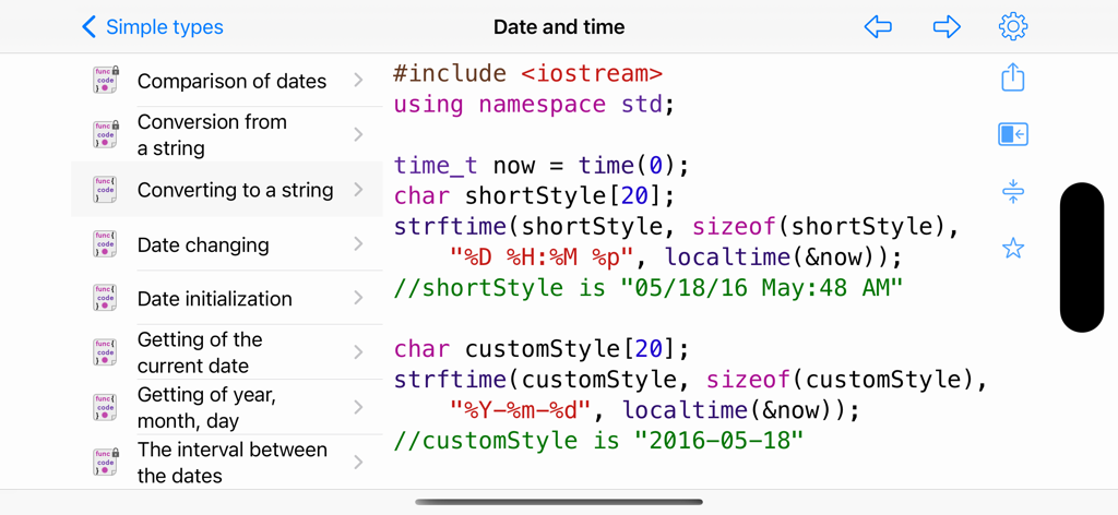 C++ Recipes - A C plus plus code example for converting date and time to a string in the C plus plus Recipes app