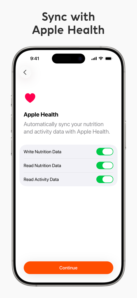 Apple Health synchronization settings screen in the Foodnoms app showing toggles for nutrition and activity data