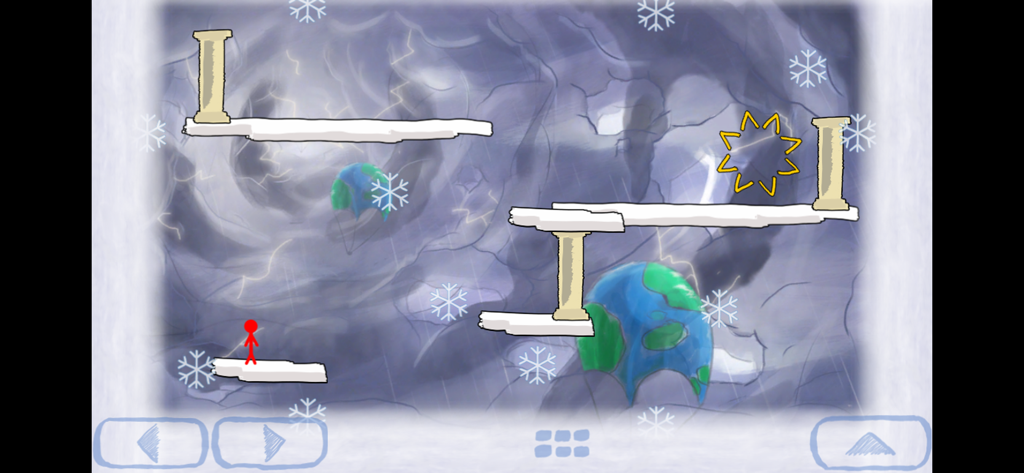 Red stick figure standing on hand drawn platforms in a snowy winter level of Trace 2