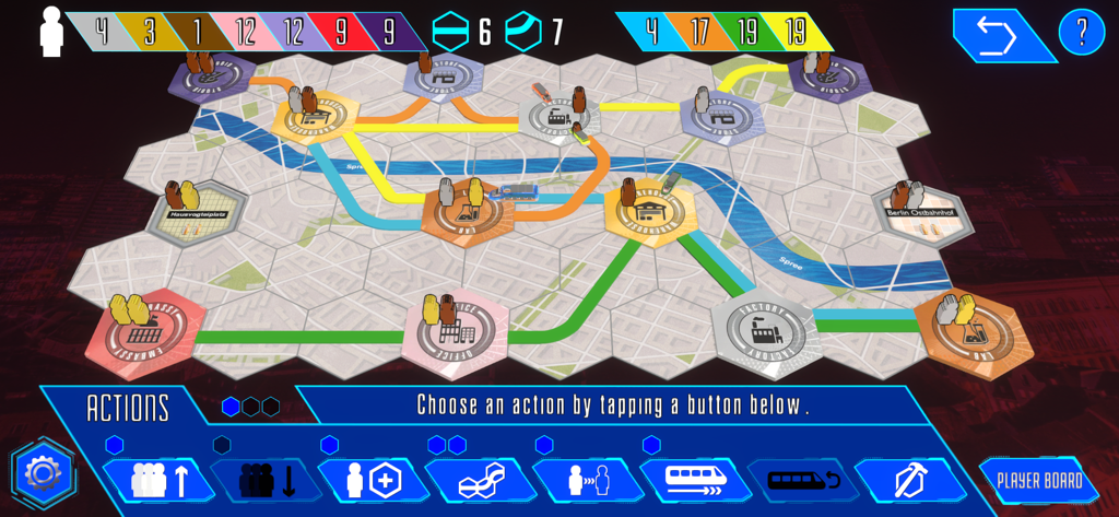 Maglev Metro - Digital board game interface of Maglev Metro showing a futuristic transit map with colored rail lines and hexagonal tiles.
