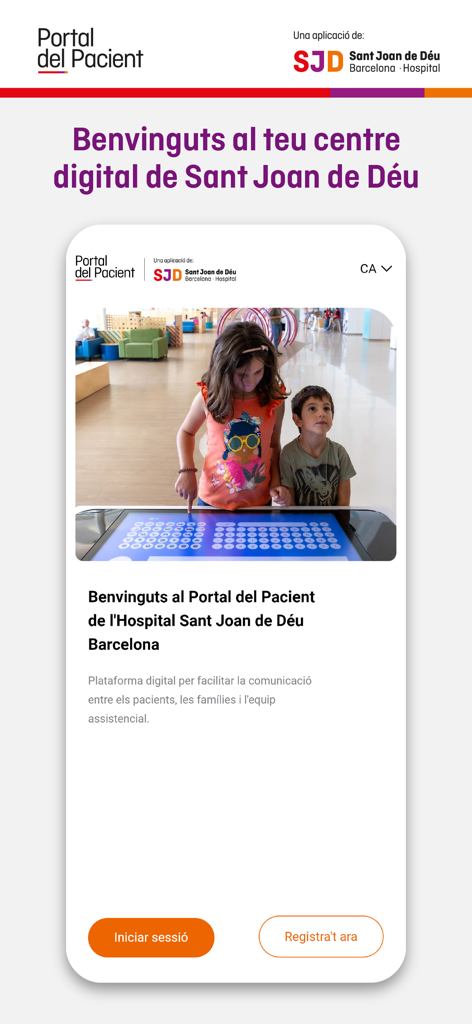 Portal Pacient SJD - Welcome screen of the Portal Pacient SJD mobile app for hospital patients and families