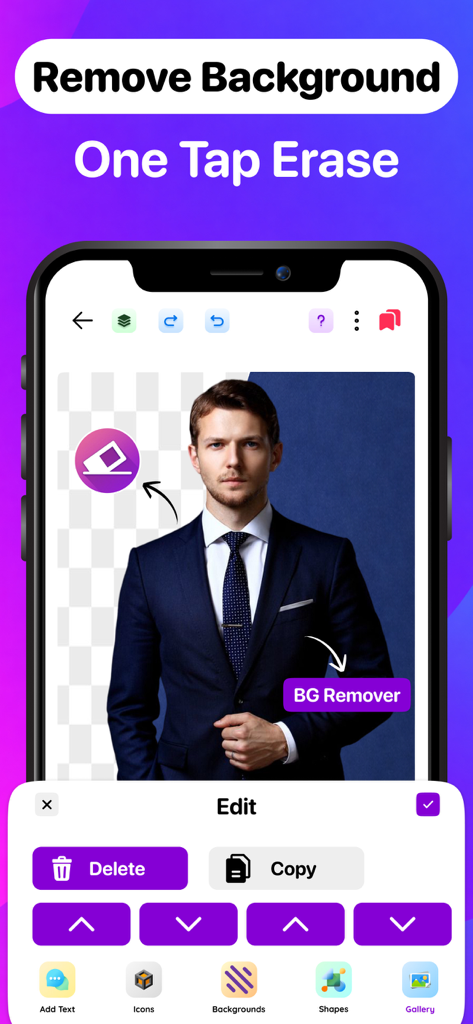 ポスターメーカーアプリで、プロのポートレート用のワンタップAI背景削除ツールを示すスマートフォンの画面。