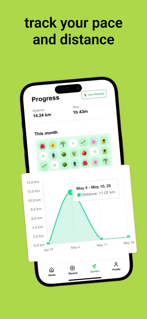 Run Tracker: Run&Grow - Run and Grow app interface showing running distance charts and a virtual garden progress grid