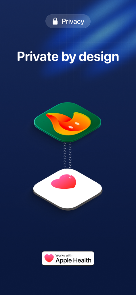 FitWoody: Health Tracker - Gráfico do aplicativo FitWoody destacando seu compromisso com a privacidade desde o design e integração com a Apple Health.