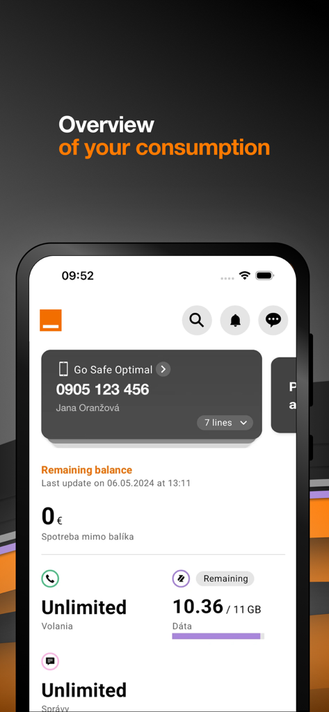 Moj Orange app interface showing data usage and account overview