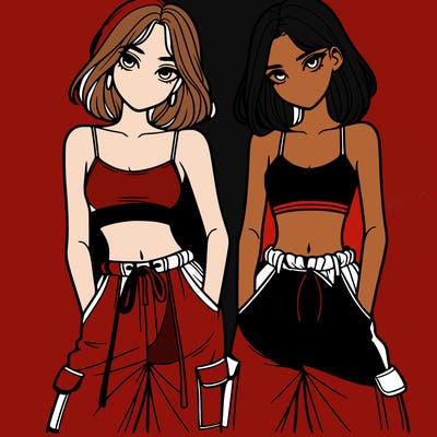 two girls with crop top with baggy pants