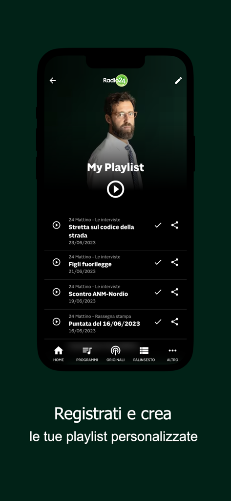 Radio 24 app interface showing a custom podcast playlist for news and talk content